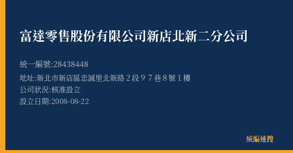 富達零售股份有限公司新店北新二分公司的照片-統編 28438448(新北市) 公司登記資料與營業項目詳細圖表