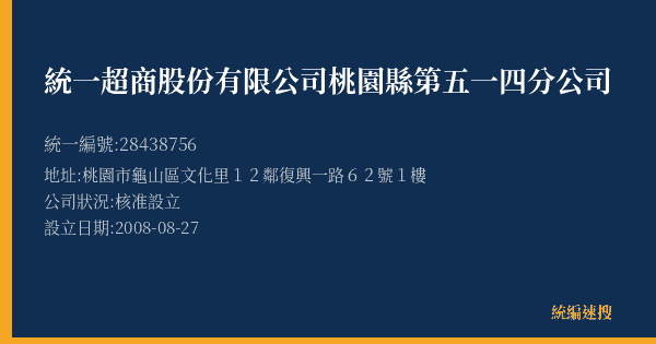 統一超商股份有限公司桃園縣第五一四分公司的照片-統編 28438756(桃園市) 公司登記資料與營業項目詳細圖表