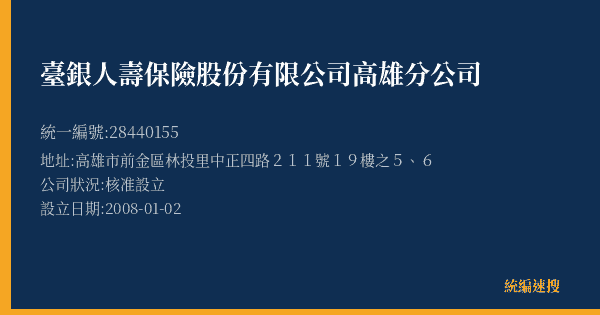 臺銀人壽保險股份有限公司高雄分公司的照片-統編 28440155(高雄市) 公司登記資料與營業項目詳細圖表