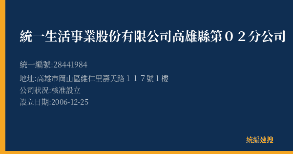 統一生活事業股份有限公司高雄縣第02分公司的照片-統編 28441984(高雄市) 公司登記資料與營業項目詳細圖表