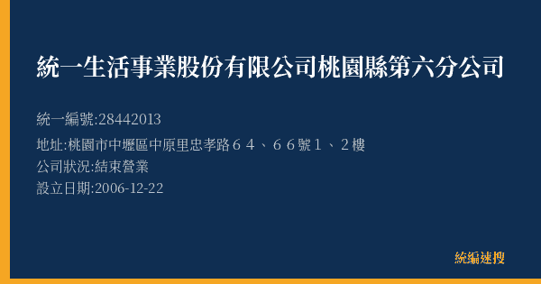 統一生活事業股份有限公司桃園縣第六分公司的照片-統編 28442013(桃園市) 公司登記資料與營業項目詳細圖表