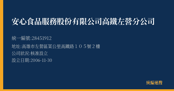 安心食品服務股份有限公司高鐵左營分公司的照片-統編 28451912(高雄市) 公司登記資料與營業項目詳細圖表