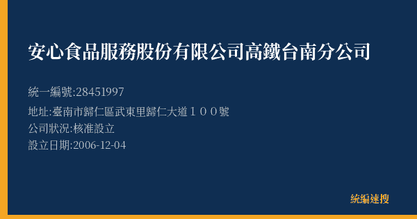 安心食品服務股份有限公司高鐵台南分公司的照片-統編 28451997(臺南市) 公司登記資料與營業項目詳細圖表