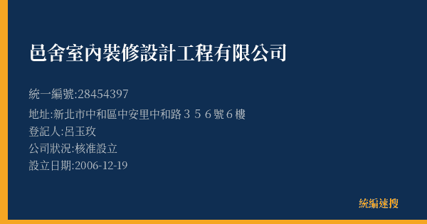 邑舍室內裝修設計工程有限公司的照片-統編 28454397(新北市) 公司登記資料與營業項目詳細圖表