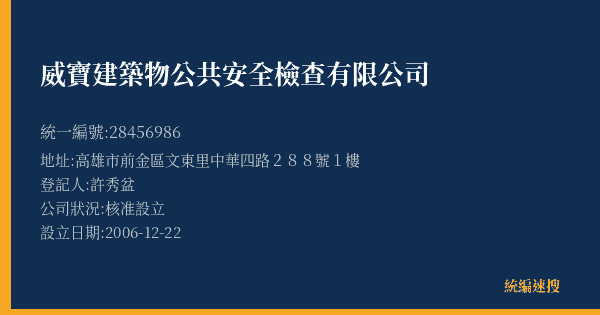 威寶建築物公共安全檢查有限公司的照片-統編 28456986(高雄市) 公司登記資料與營業項目詳細圖表