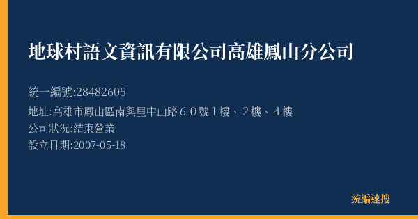 地球村語文資訊有限公司高雄鳳山分公司的照片-統編 28482605(高雄市) 公司登記資料與營業項目詳細圖表