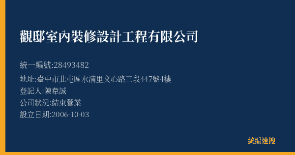 觀邸室內裝修設計工程有限公司的照片-統編 28493482(臺中市) 公司登記資料與營業項目詳細圖表