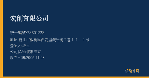 宏創有限公司的照片-統編 28501223(新北市) 公司登記資料與營業項目詳細圖表