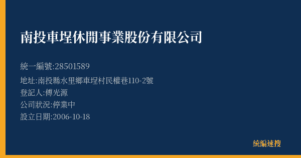 南投車埕休閒事業股份有限公司的照片-統編 28501589(南投縣) 公司登記資料與營業項目詳細圖表