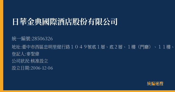日華金典國際酒店股份有限公司的照片-統編 28506326(臺中市) 公司登記資料與營業項目詳細圖表