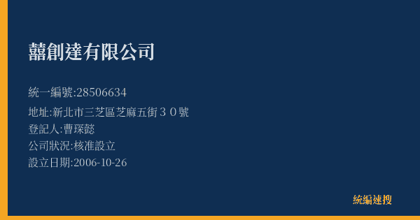 囍創達有限公司的照片-統編 28506634(新北市) 公司登記資料與營業項目詳細圖表