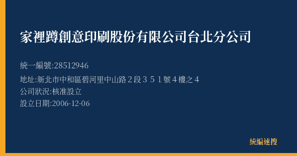 家裡蹲創意印刷股份有限公司台北分公司的照片-統編 28512946(新北市) 公司登記資料與營業項目詳細圖表