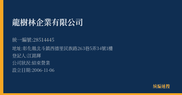 龍樹林企業有限公司的照片-統編 28514445(彰化縣) 公司登記資料與營業項目詳細圖表