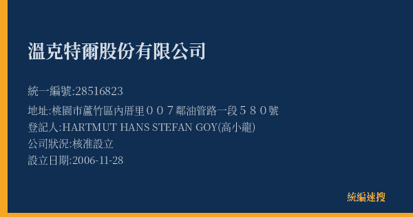 溫克特爾股份有限公司的照片-統編 28516823(桃園市) 公司登記資料與營業項目詳細圖表