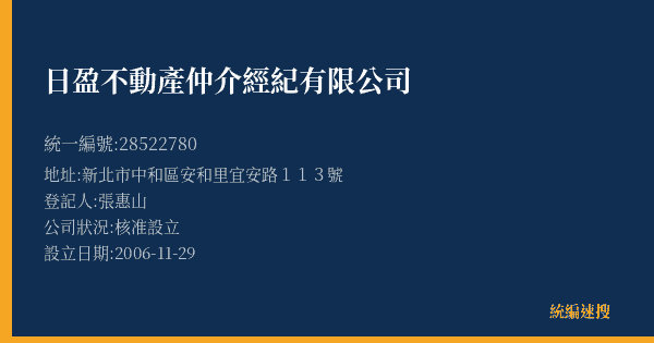 日盈不動產仲介經紀有限公司的照片-統編 28522780(新北市) 公司登記資料與營業項目詳細圖表