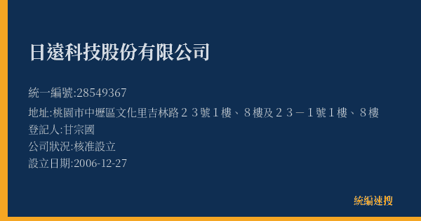 日遠科技股份有限公司的照片-統編 28549367(桃園市) 公司登記資料與營業項目詳細圖表