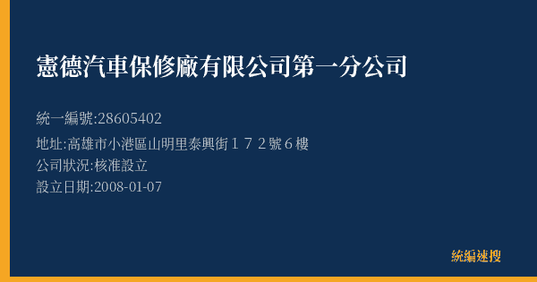 憲德汽車保修廠有限公司第一分公司的照片-統編 28605402(高雄市) 公司登記資料與營業項目詳細圖表