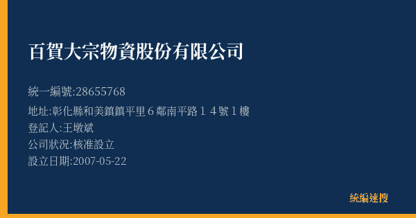 百賀大宗物資股份有限公司的照片-統編 28655768(彰化縣) 公司登記資料與營業項目詳細圖表