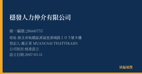 穩發人力仲介有限公司的照片-統編 28660755(新北市) 公司登記資料與營業項目詳細圖表