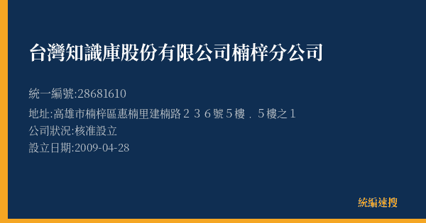 台灣知識庫股份有限公司楠梓分公司的照片-統編 28681610(高雄市) 公司登記資料與營業項目詳細圖表