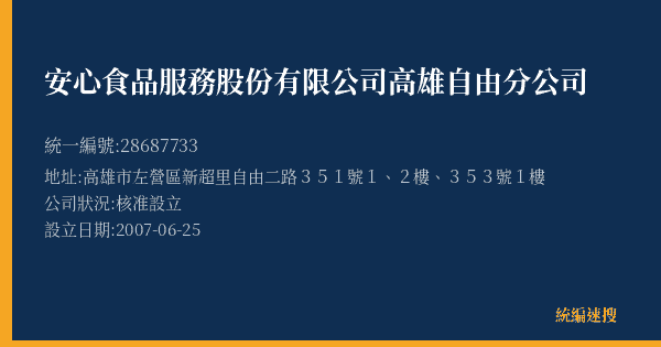 安心食品服務股份有限公司高雄自由分公司的照片-統編 28687733(高雄市) 公司登記資料與營業項目詳細圖表