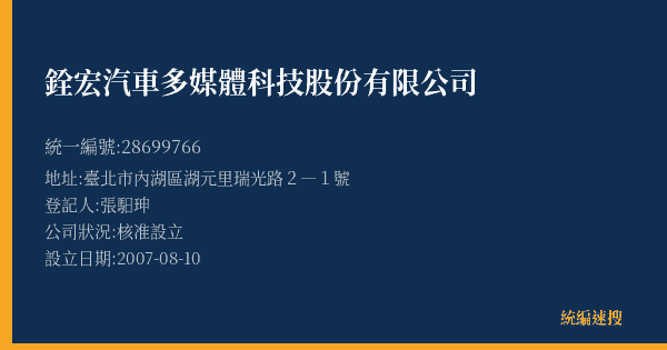 銓宏汽車多媒體科技股份有限公司的照片-統編 28699766(臺北市) 公司登記資料與營業項目詳細圖表