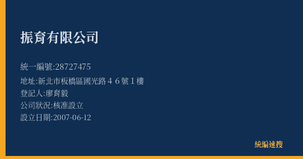 振育有限公司的照片-統編 28727475(新北市) 公司登記資料與營業項目詳細圖表