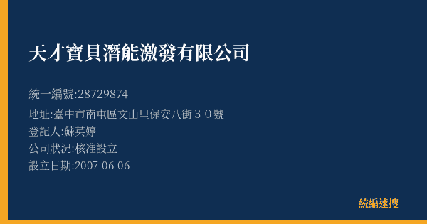 天才寶貝潛能激發有限公司的照片-統編 28729874(臺中市) 公司登記資料與營業項目詳細圖表