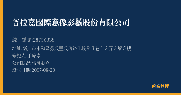 普拉嘉國際意像影藝股份有限公司的照片-統編 28756338(新北市) 公司登記資料與營業項目詳細圖表