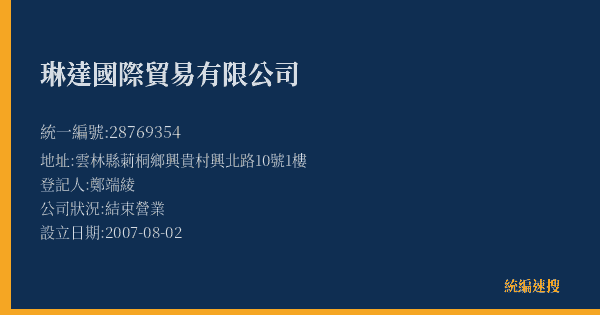 琳達國際貿易有限公司的照片-統編 28769354(雲林縣) 公司登記資料與營業項目詳細圖表