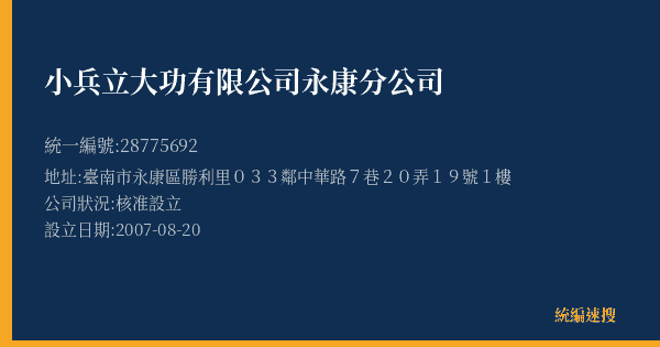 小兵立大功有限公司永康分公司的照片-統編 28775692(臺南市) 公司登記資料與營業項目詳細圖表