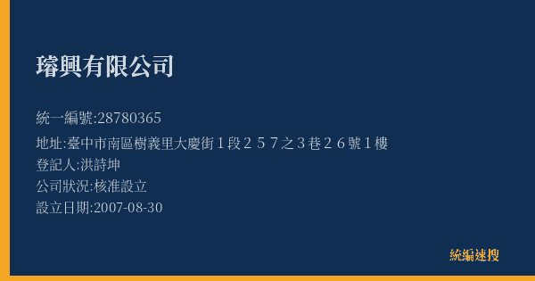 璿興有限公司的照片-統編 28780365(臺中市) 公司登記資料與營業項目詳細圖表