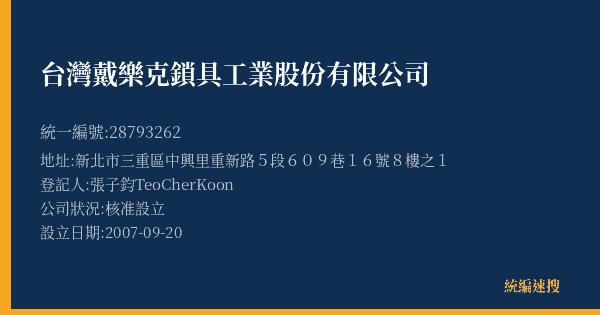 台灣戴樂克鎖具工業股份有限公司的照片-統編 28793262(新北市) 公司登記資料與營業項目詳細圖表