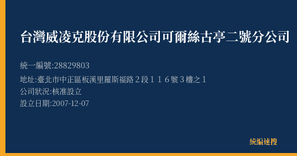 台灣威凌克股份有限公司可爾絲古亭二號分公司的照片-統編 28829803(臺北市) 公司登記資料與營業項目詳細圖表