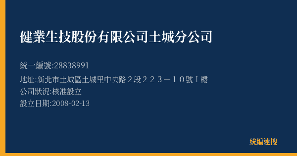 健業生技股份有限公司土城分公司的照片-統編 28838991(新北市) 公司登記資料與營業項目詳細圖表