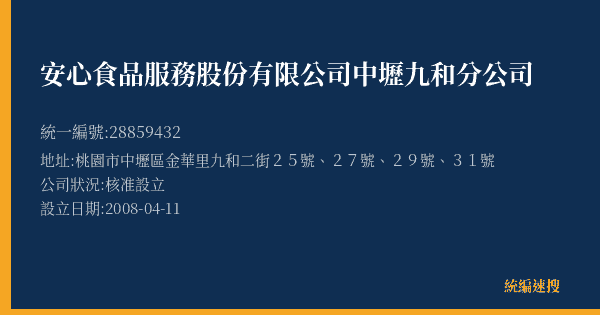 安心食品服務股份有限公司中壢九和分公司的照片-統編 28859432(桃園市) 公司登記資料與營業項目詳細圖表