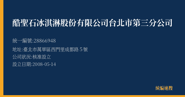 酷聖石冰淇淋股份有限公司台北市第三分公司的照片-統編 28866948(臺北市) 公司登記資料與營業項目詳細圖表