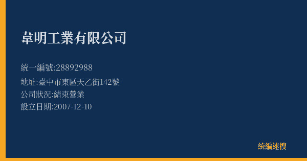 韋明工業有限公司的照片-統編 28892988(臺中市) 公司登記資料與營業項目詳細圖表
