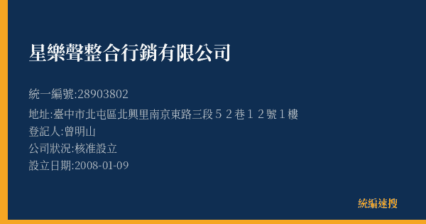 星樂聲整合行銷有限公司的照片-統編 28903802(臺中市) 公司登記資料與營業項目詳細圖表