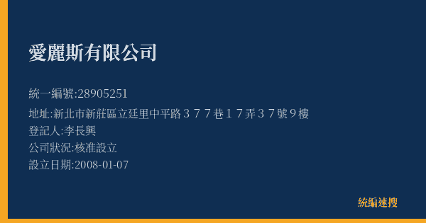 愛麗斯有限公司的照片-統編 28905251(新北市) 公司登記資料與營業項目詳細圖表