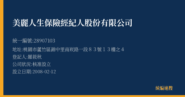 美麗人生保險經紀人股份有限公司的照片-統編 28907103(桃園市) 公司登記資料與營業項目詳細圖表