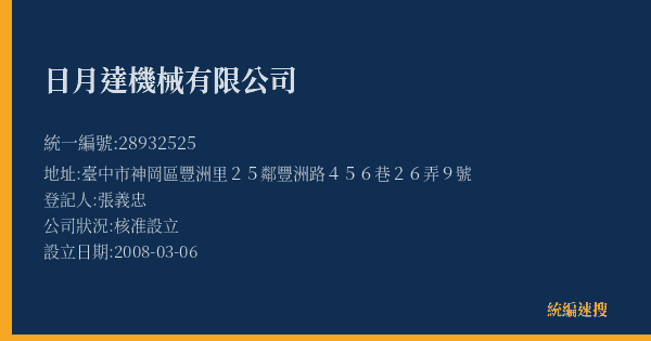 日月達機械有限公司的照片-統編 28932525(臺中市) 公司登記資料與營業項目詳細圖表