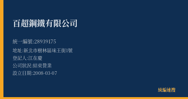 百超鋼鐵有限公司的照片-統編 28939175(新北市) 公司登記資料與營業項目詳細圖表