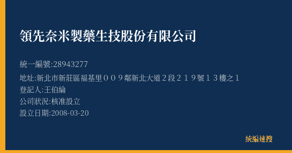 領先奈米製藥生技股份有限公司的照片-統編 28943277(新北市) 公司登記資料與營業項目詳細圖表