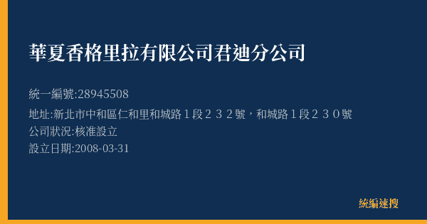 華夏香格里拉有限公司君迪分公司的照片-統編 28945508(新北市) 公司登記資料與營業項目詳細圖表