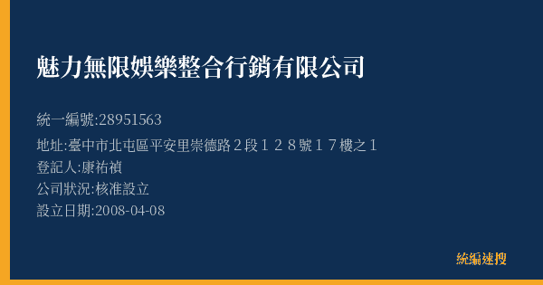 魅力無限娛樂整合行銷有限公司的照片-統編 28951563(臺中市) 公司登記資料與營業項目詳細圖表