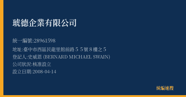 琥德企業有限公司的照片-統編 28961598(臺中市) 公司登記資料與營業項目詳細圖表