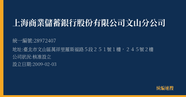 上海商業儲蓄銀行股份有限公司文山分公司的照片-統編 28972407(臺北市) 公司登記資料與營業項目詳細圖表