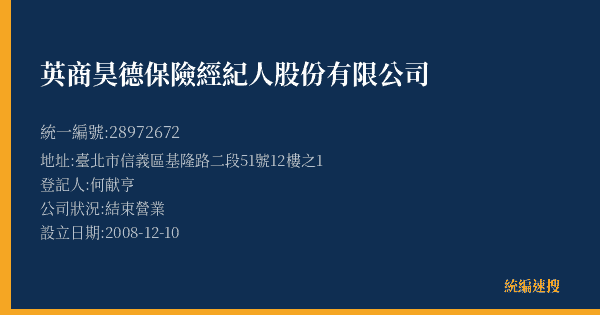 英商昊德保險經紀人股份有限公司的照片-統編 28972672(臺北市) 公司登記資料與營業項目詳細圖表