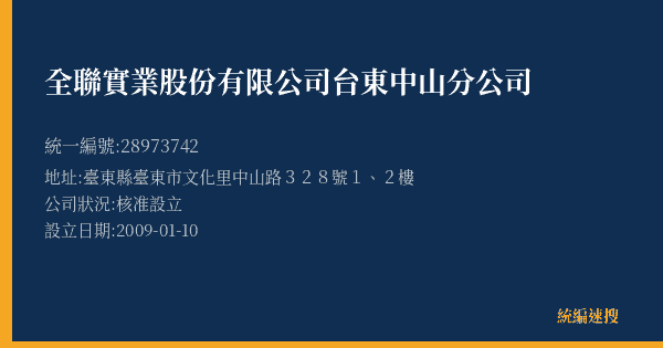 全聯實業股份有限公司台東中山分公司的照片-統編 28973742(臺東縣) 公司登記資料與營業項目詳細圖表